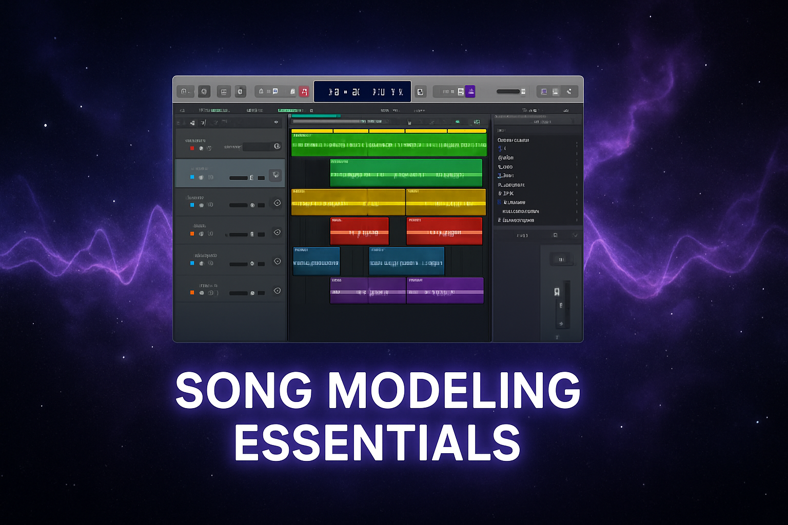 Logic Pro interface floating in cosmic space with musical waveforms and purple nebula, text overlay 'Song Modeling Essentials', ethereal glow, modern design