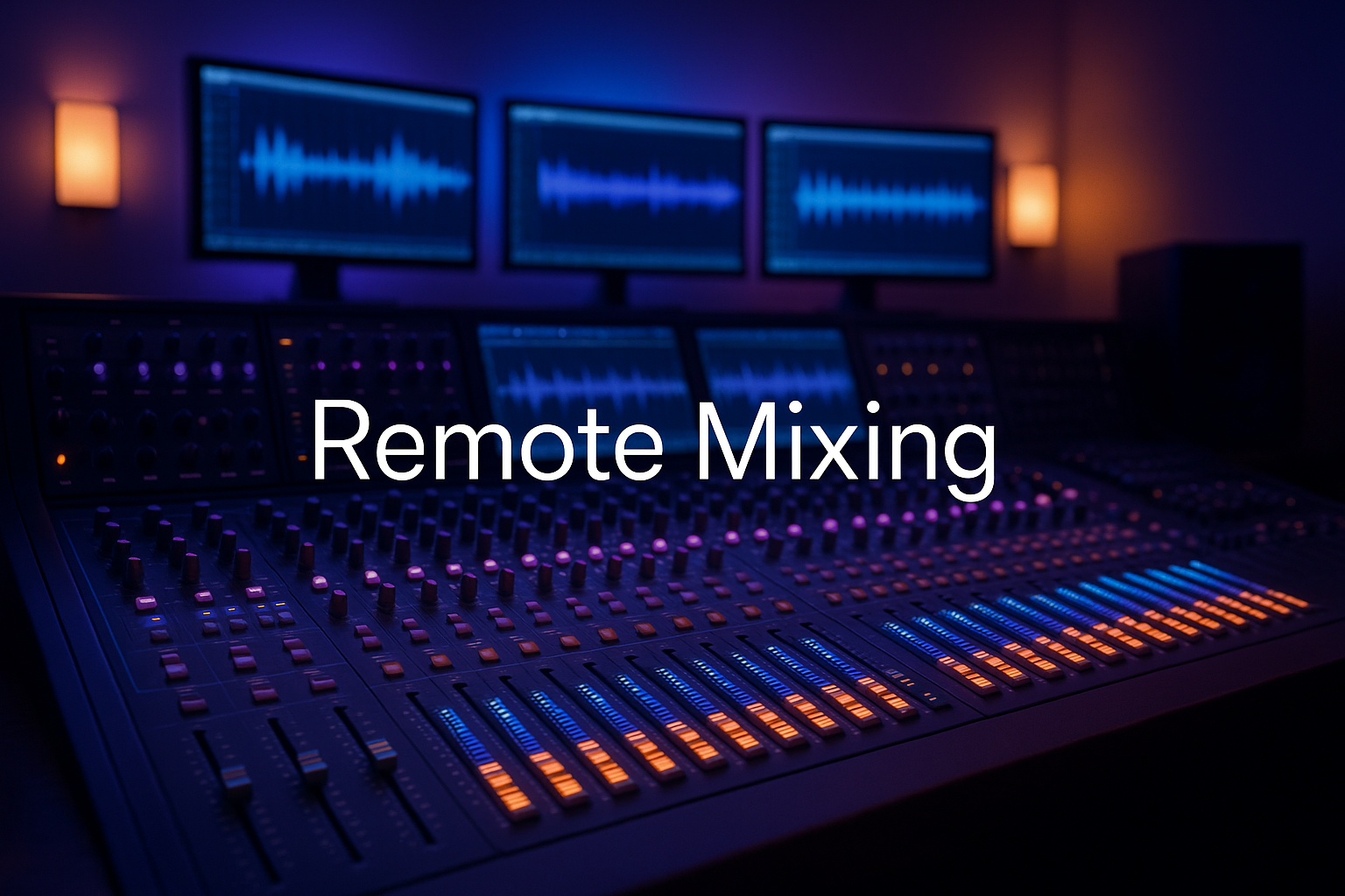 Professional music mixing console with glowing faders and EQ controls in a modern recording studio, cosmic purple and blue gradient lighting, sleek audio equipment, multiple monitors displaying audio waveforms, warm ambient lighting, high-tech but inviting atmosphere, professional audio workspace, clean modern aesthetic, depth of field, cinematic lighting, with elegant text overlay reading 'Remote Mixing' in modern sans-serif font
