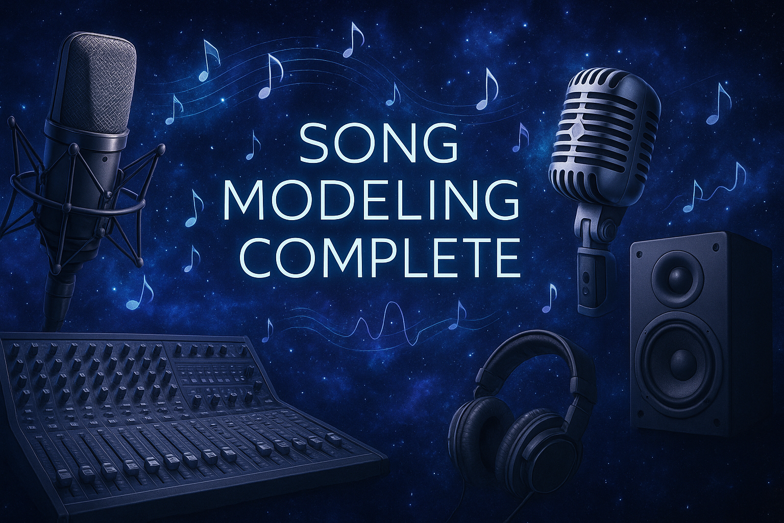 Recording studio equipment and musical notes in starry galaxy background with blue and purple cosmic clouds, text overlay 'Song Modeling Complete', professional yet mystical