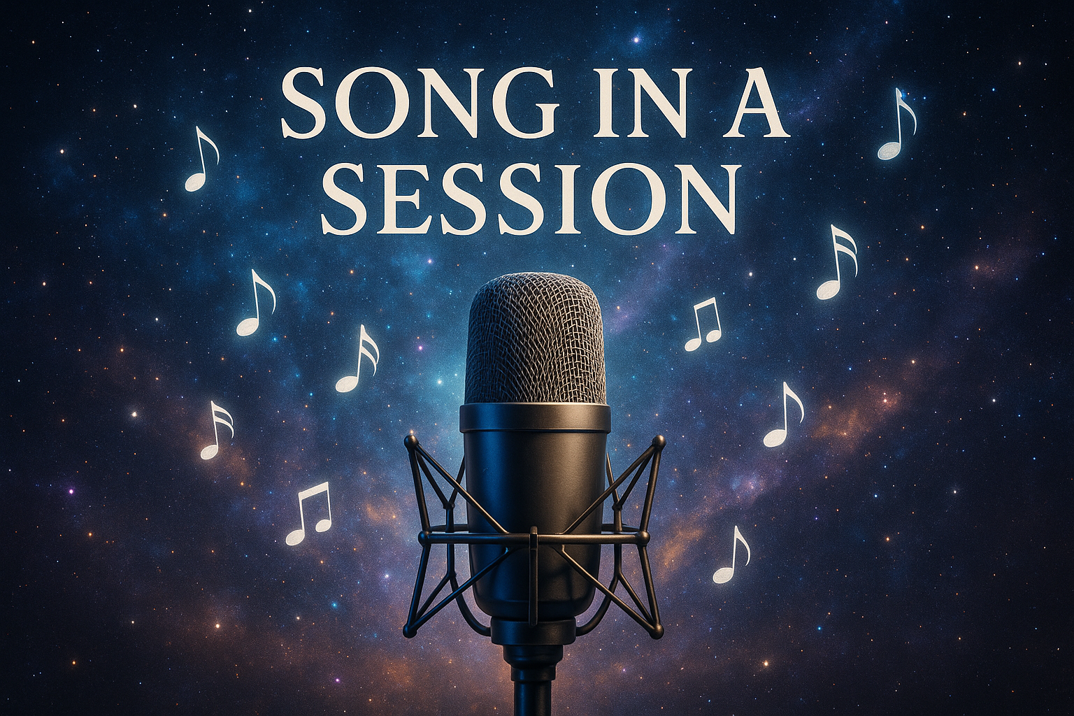 Recording studio microphone and musical notes floating in starry cosmic background with colorful nebula, text overlay 'Song in a Session', ethereal glow